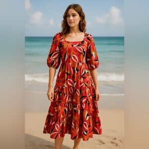 Mlle Gabrielle Red Floral Tiered Cotton Dress Women’s S | Beach Coastal Cottage